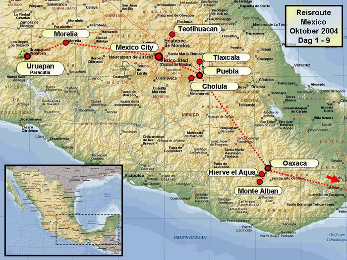 Reisroute / Kaart In oktober 2004 maakte ik een rondreis doorheen Mexico met de reisorganisatie Joker. De reis was een boeiende afwisseling van koloniale steden (Mexico City, Morelia, Puebla, Oaxaca ...), piramides en tempels van mesoamerikaanse culturen zoals Zapoteken, Tolteken, Maya's en Azteken (Teotihuacan, Monte Alban, Palenque, Uxmal, Chitzen Itza, ...) en prachtige natuur met vulkanen, canyons, mangrovewouden, jungle en watervallen (Paricutin, Cañon del Sumidero, Aqua Azul, Celestun, ...) Stefan Cruysberghs